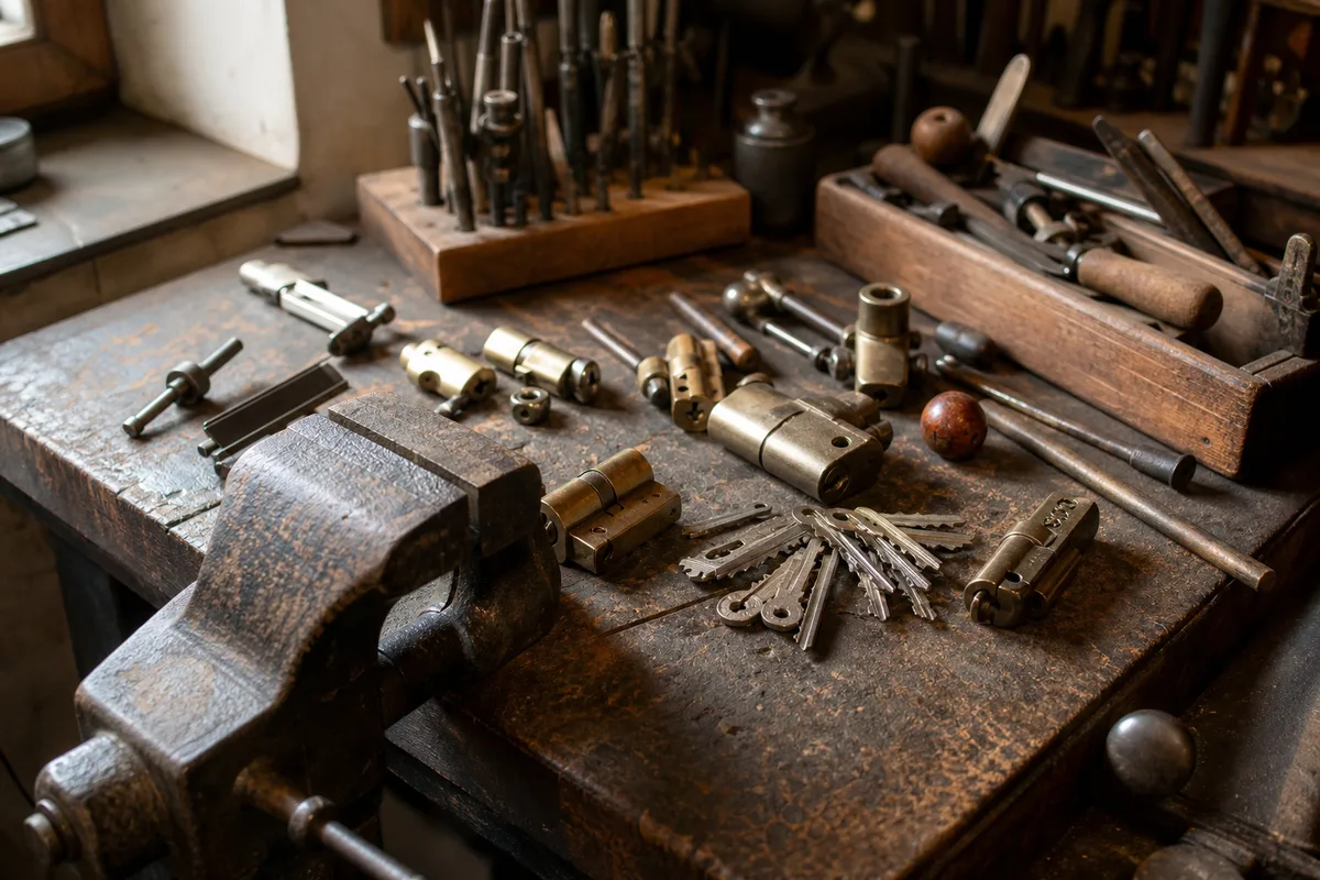 Établi de serrurier avec cylindres et outils dans un atelier ariégeois