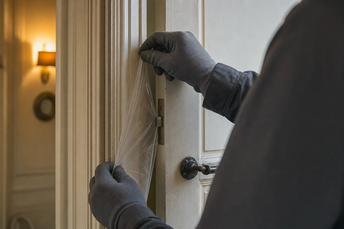 Serrurier ouvrant une porte claquée au film plastique dans un couloir de maison ariégeoise