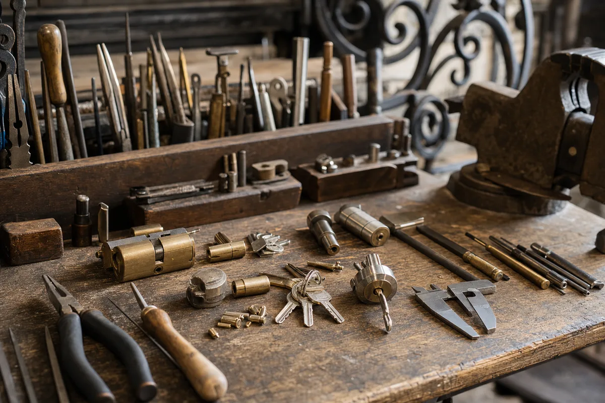Établi de serrurier avec cylindres, clés et outils d’ouverture fine sous une lumière d’atelier