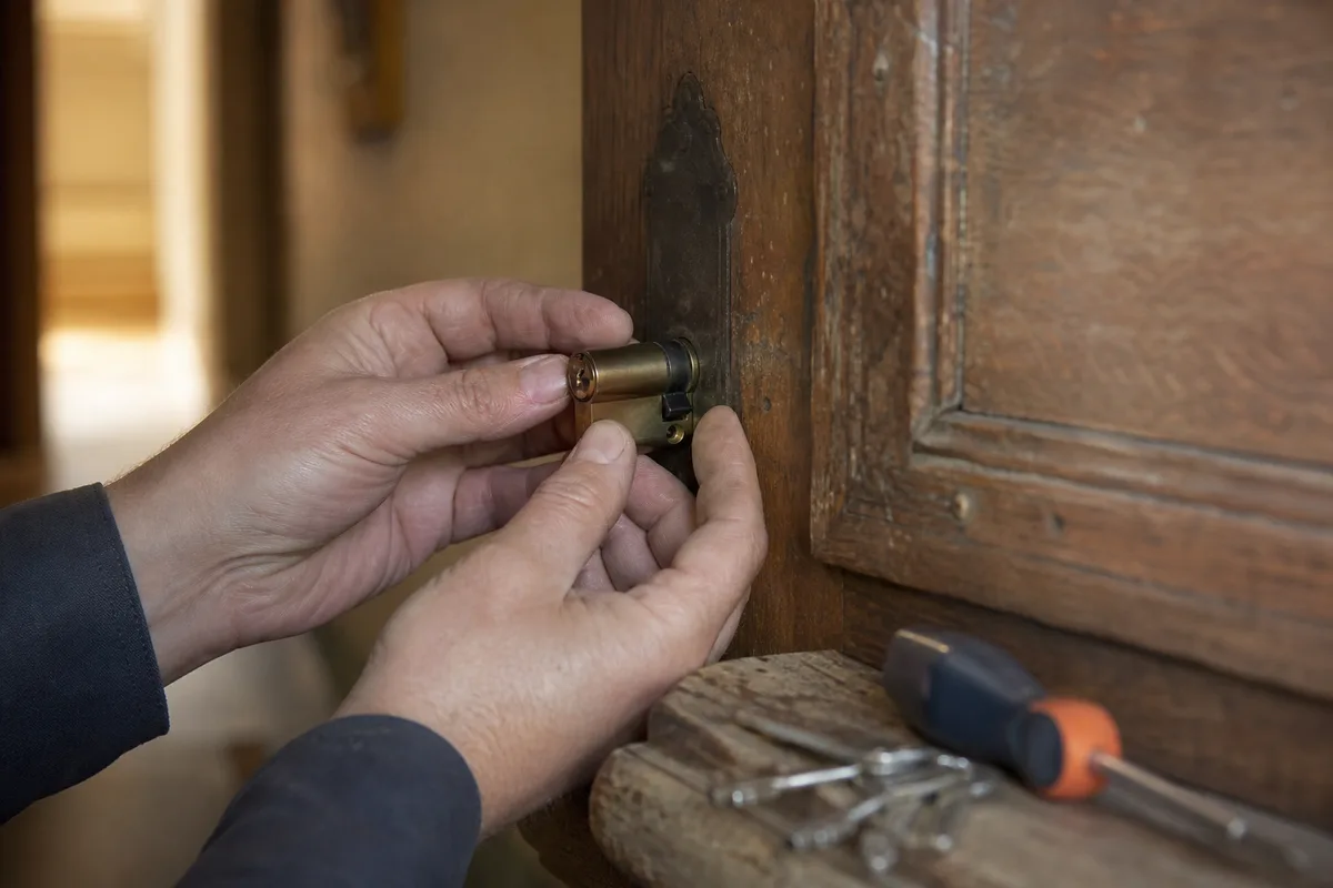 Serrurier examinant un cylindre de serrure sur une porte en bois ancienne