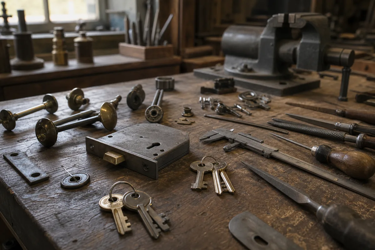 Établi d’atelier de serrurerie avec cylindres, clés et outils de précision