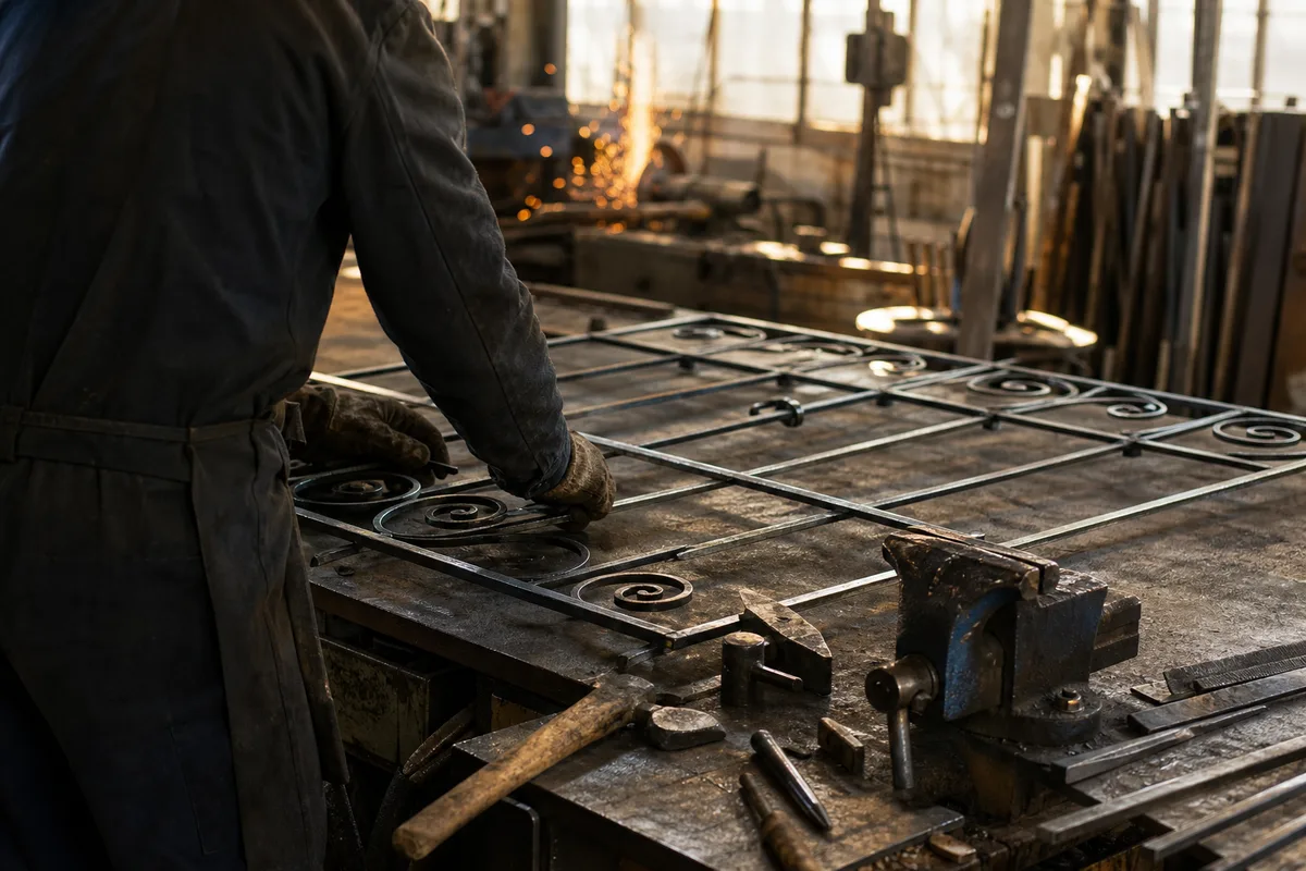 Ferronnier ajustant une grille en fer forgé sur son établi d’atelier