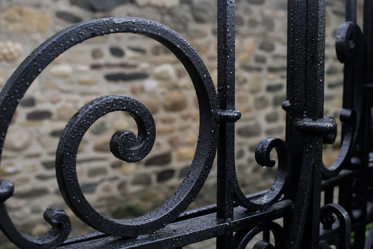 Détail de volutes en fer forgé fraîchement repeintes sur une fenêtre de maison en pierre