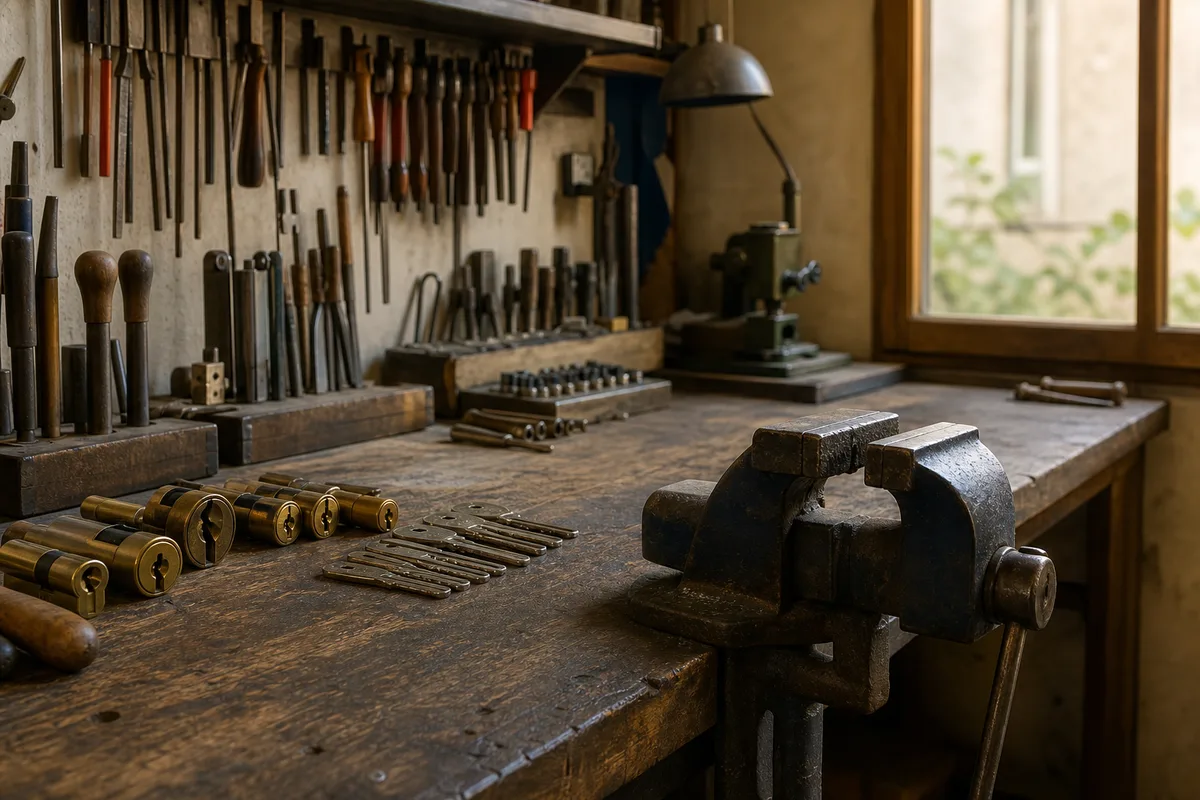 Atelier de serrurerie artisanale avec cylindres et outillage rangés sur un établi en bois