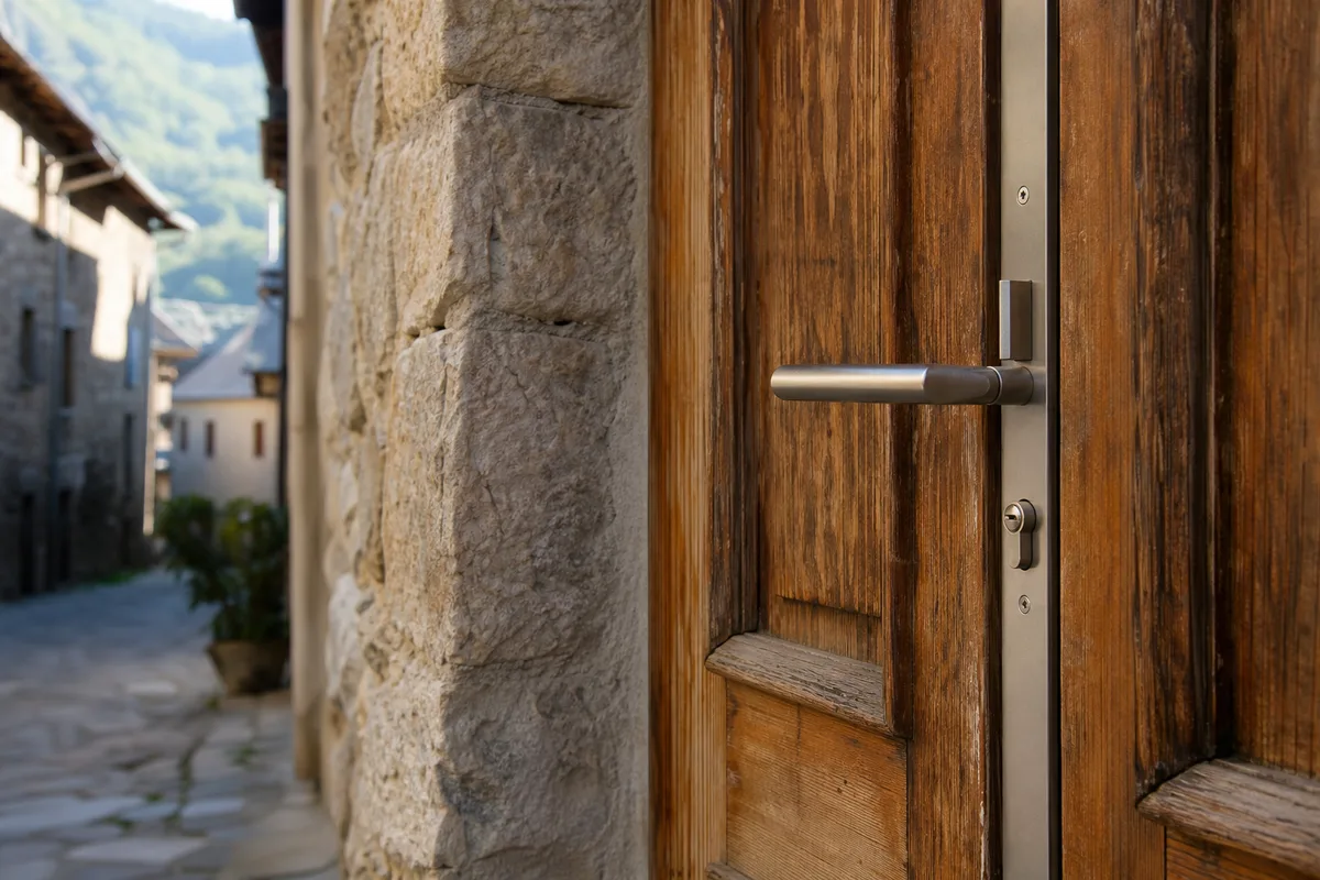 Porte d’entrée en bois d’une maison de village ariégeoise équipée d’une serrure multipoints récente