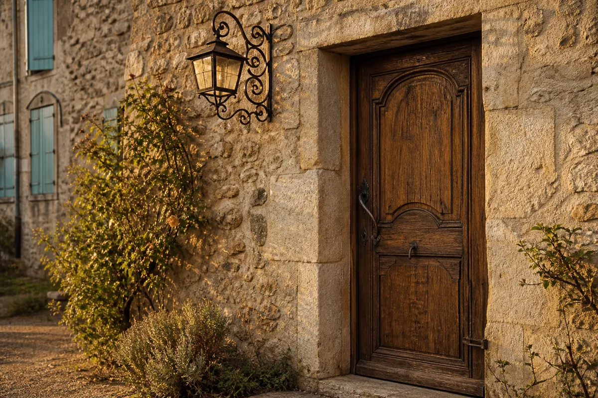 Porte d’entrée en bois d’une maison de village ariégeoise avec serrure ancienne