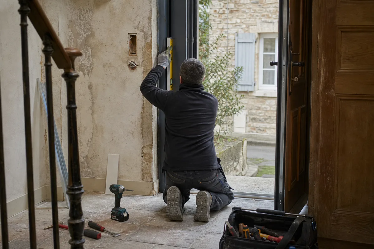 Bloc-porte blindé en cours de pose dans une maison ariégeoise