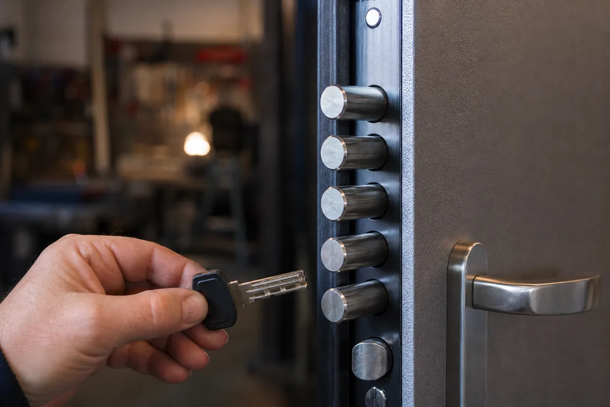 Détail d’une serrure multipoints certifiée sur porte blindée