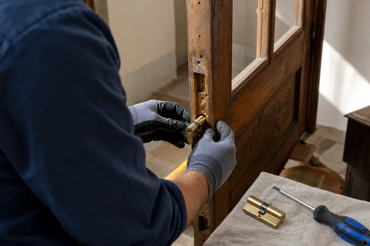 Serrurier remplaçant le cylindre d&rsquo;une porte en bois dans une maison ariégeoise