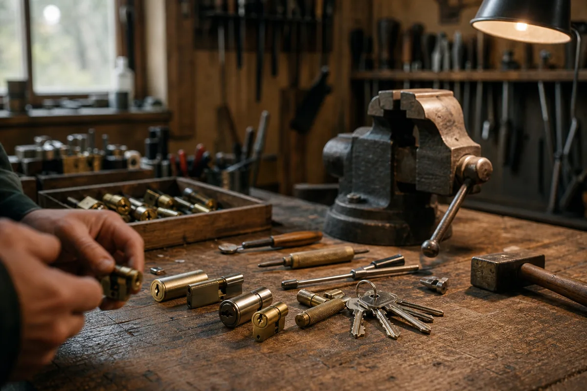 Établi de serrurier avec cylindres, clés et outils sous une lumière d’atelier