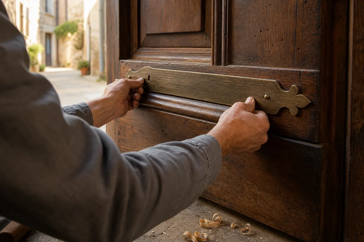 Serrure multipoints en applique posée sur une porte en bois d&rsquo;une maison de village ariégeoise