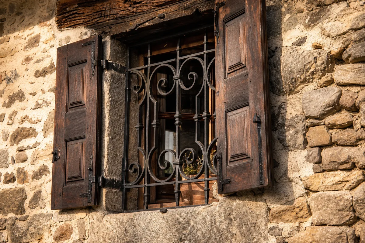 Grille de défense en fer forgé sur la fenêtre d&rsquo;une maison en pierre des Pyrénées ariégeoises