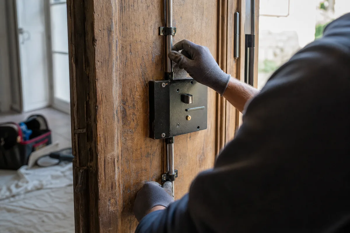 Serrure multipoints en applique posée sur une porte en bois massif d’une maison ancienne