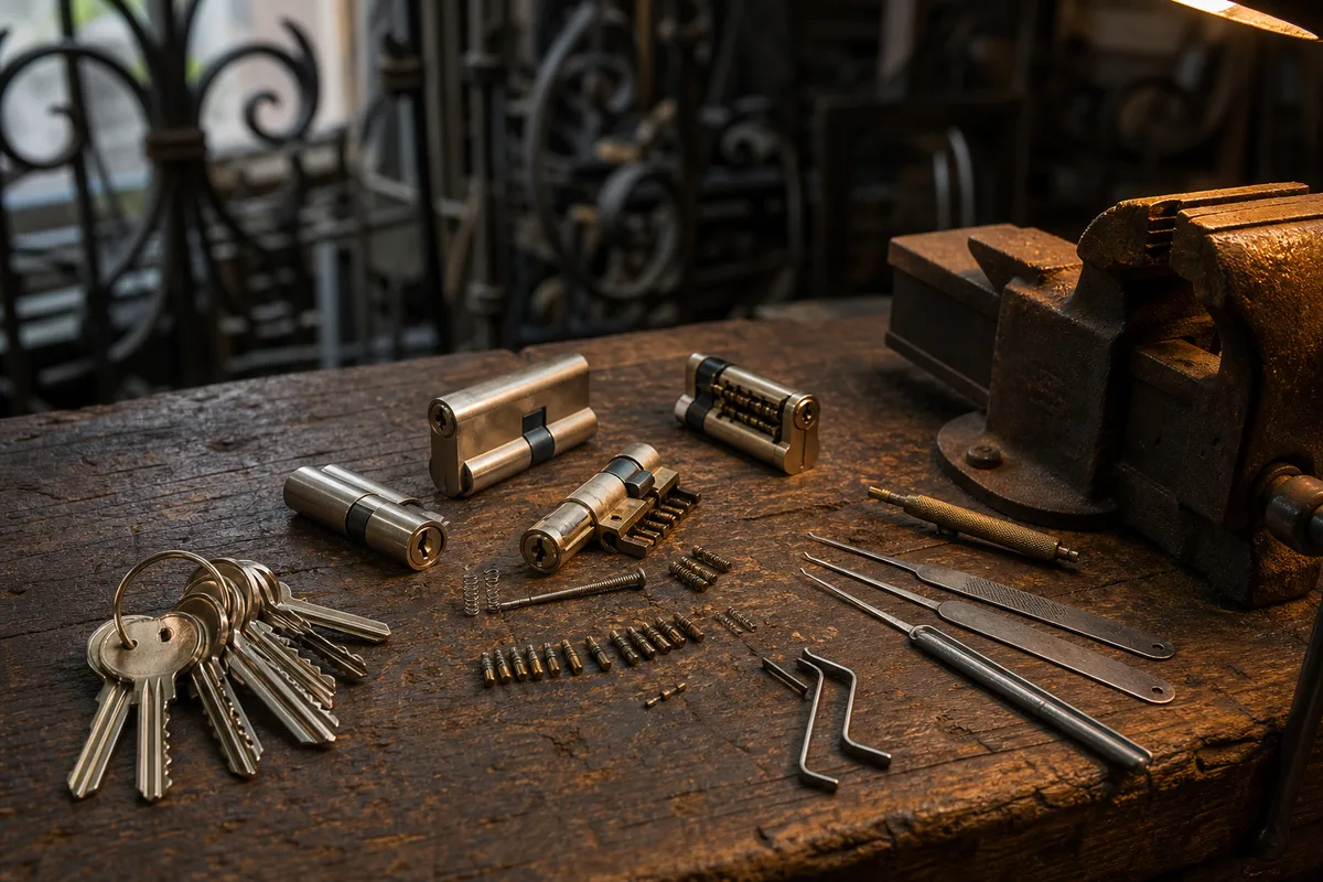 Établi de serrurier avec cylindres, clés et outils d’ouverture fine dans un atelier