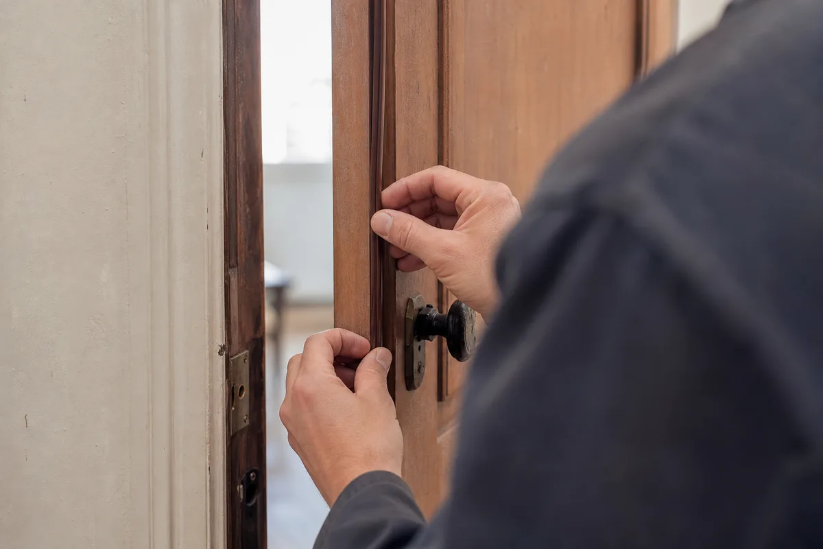 Serrurier ouvrant une porte claquée au film souple dans un couloir de maison ariégeoise