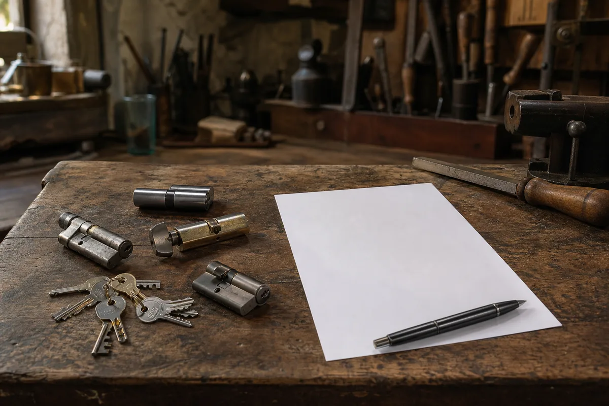 Devis papier et cylindres de serrure posés sur un établi d’atelier de serrurerie