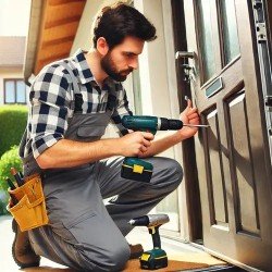 artisan qui pose une porte d'entrée
