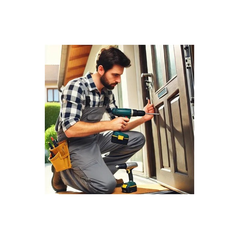 artisan qui pose une porte d'entrée