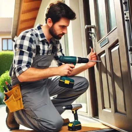 artisan qui pose une porte d'entrée
