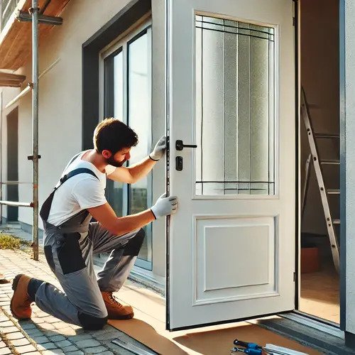 artisan en train d'installer une porte d'entrée